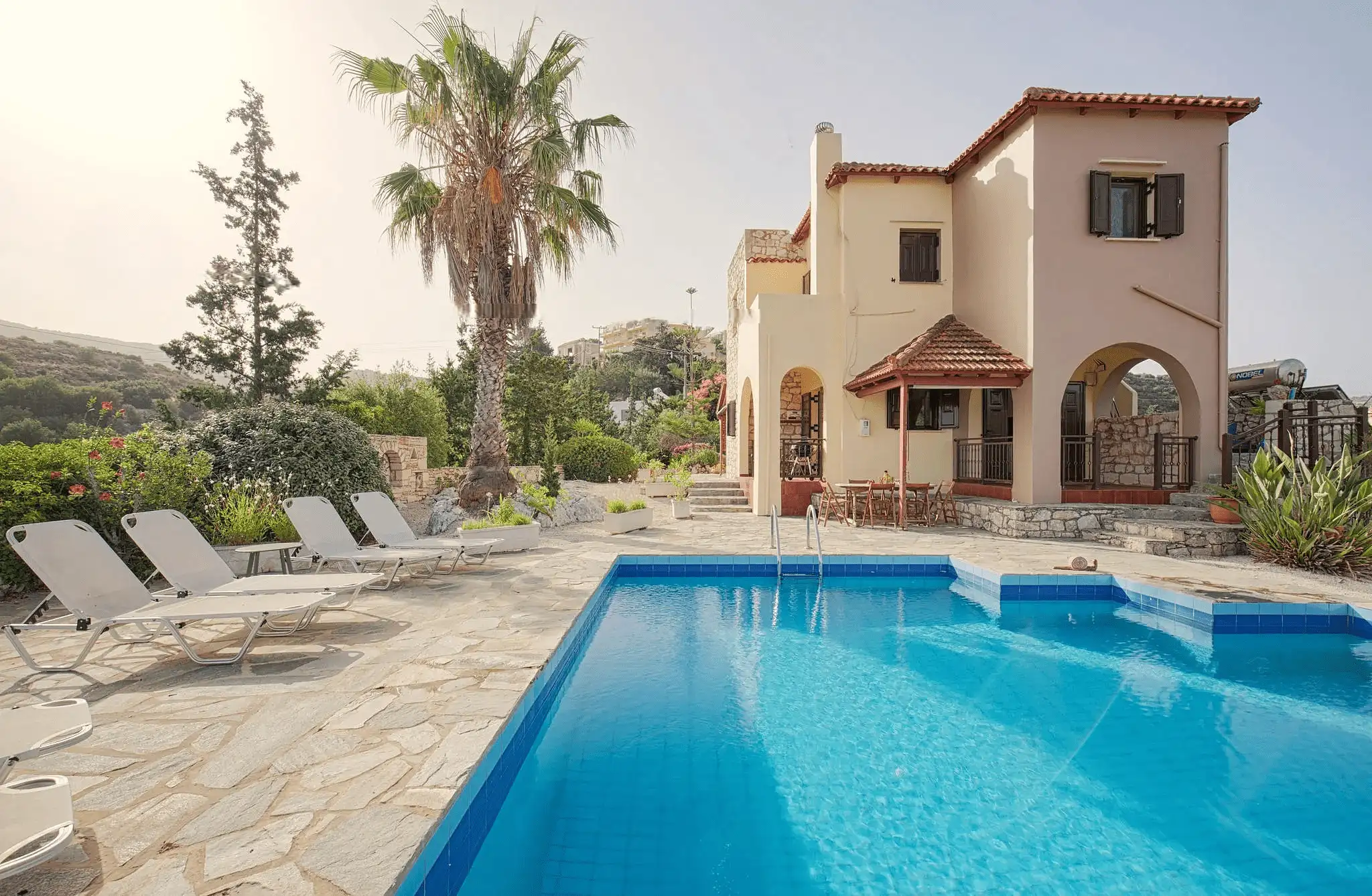 Traditional Cretan villa with private pool, stone terrace and palm trees