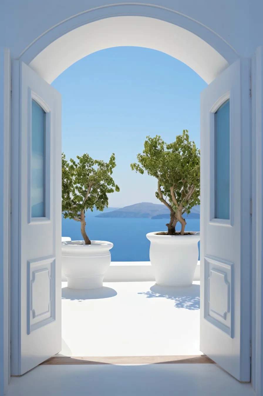 White-washed stone arch doorway with Aegean Sea view, Greek island architecture
